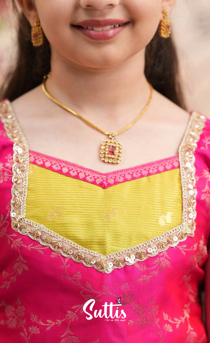 Organza Pavadai Sattai - Henna Yellow and Rani Pink - Kids-Suttis