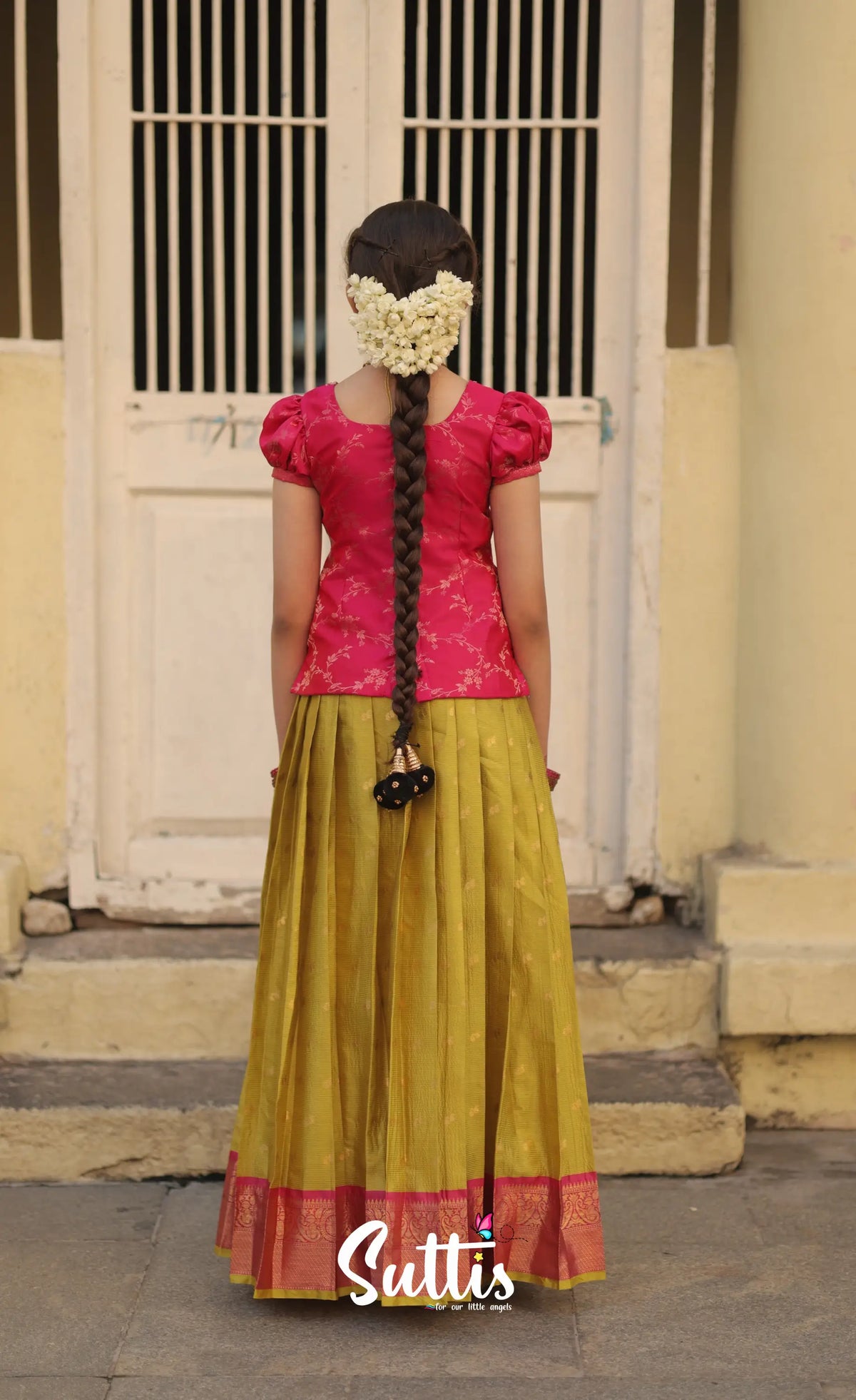 Organza Pavadai Sattai - Henna Yellow and Rani Pink - Kids-Suttis
