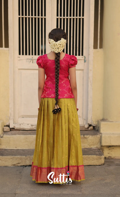 Organza Pavadai Sattai - Henna Yellow and Rani Pink - Kids-Suttis