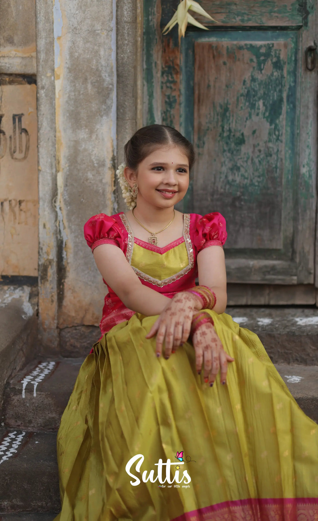 Organza Pavadai Sattai - Henna Yellow and Rani Pink - Kids-Suttis