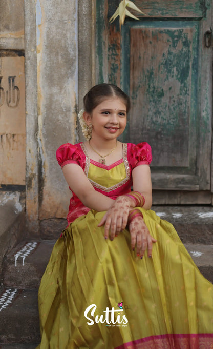 Organza Pavadai Sattai - Henna Yellow and Rani Pink - Kids-Suttis
