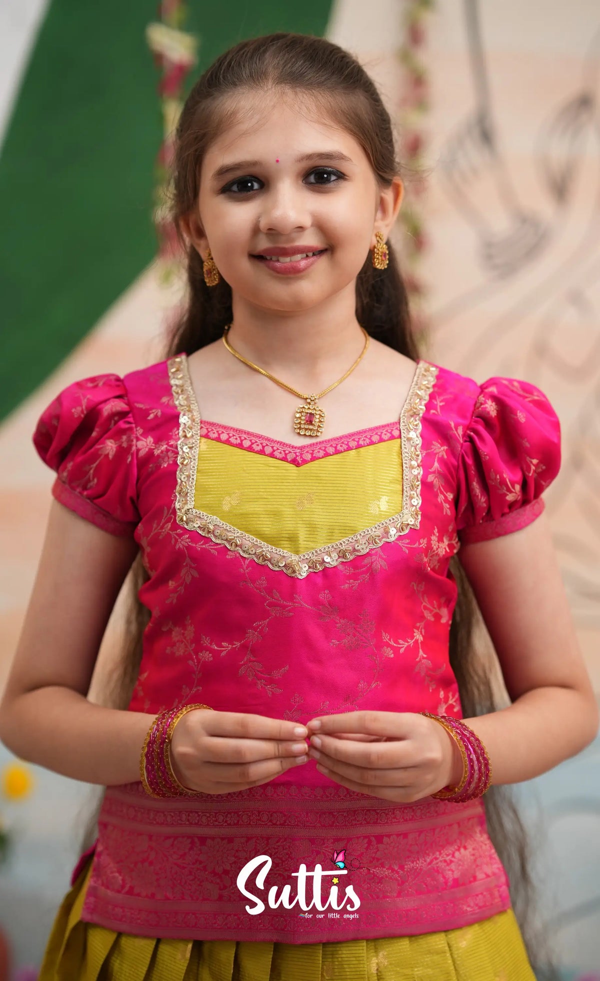 Organza Pavadai Sattai - Henna Yellow and Rani Pink - Kids-Suttis