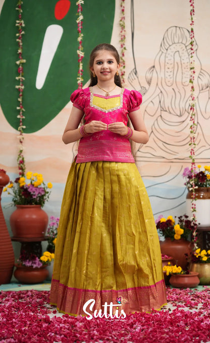 Organza Pavadai Sattai - Henna Yellow and Rani Pink - Kids-Suttis