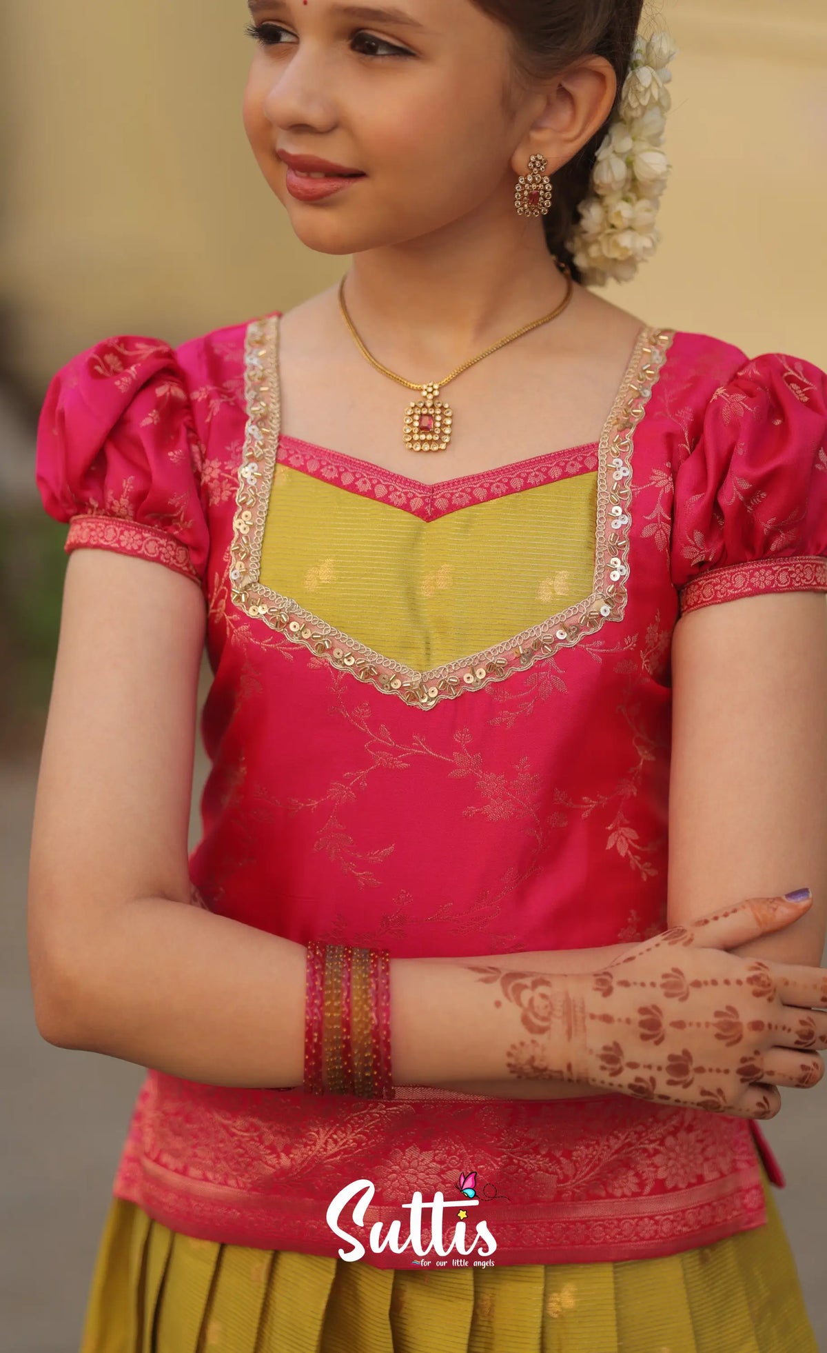 Organza Pavadai Sattai - Henna Yellow and Rani Pink - Kids-Suttis