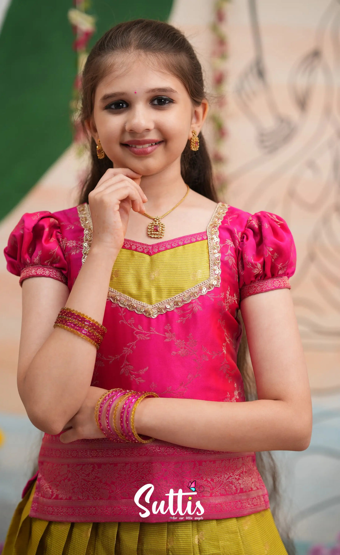 Organza Pavadai Sattai - Henna Yellow and Rani Pink - Kids-Suttis