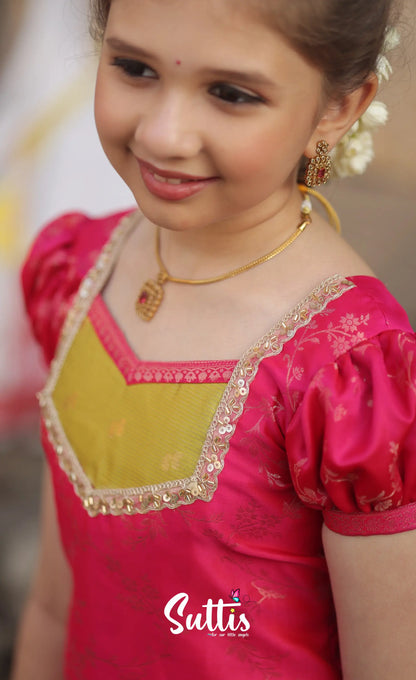 Organza Pavadai Sattai - Henna Yellow and Rani Pink - Kids-Suttis