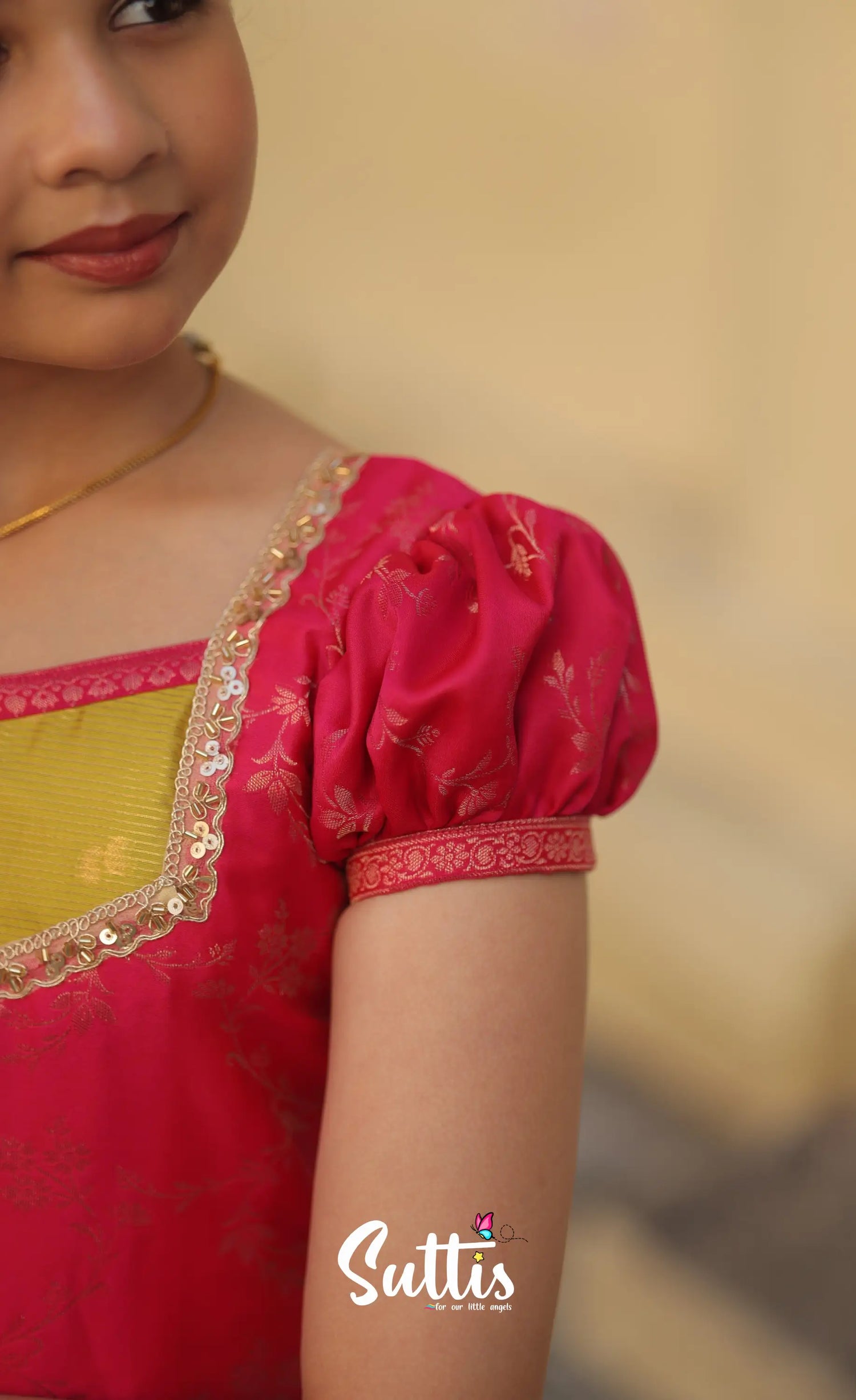 Organza Pavadai Sattai - Henna Yellow and Rani Pink - Kids-Suttis