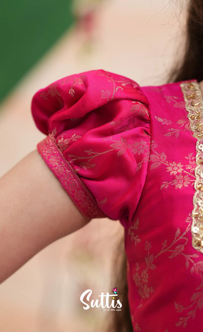 Organza Pavadai Sattai - Henna Yellow and Rani Pink - Kids-Suttis