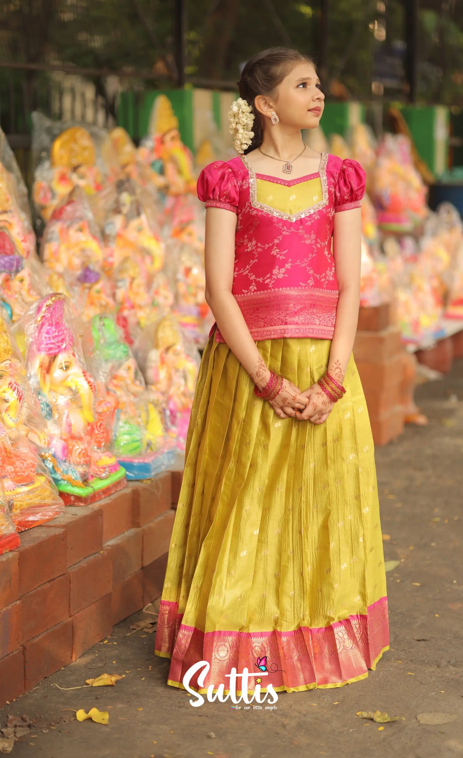 Organza Pavadai Sattai - Henna Yellow and Rani Pink - Kids-Suttis
