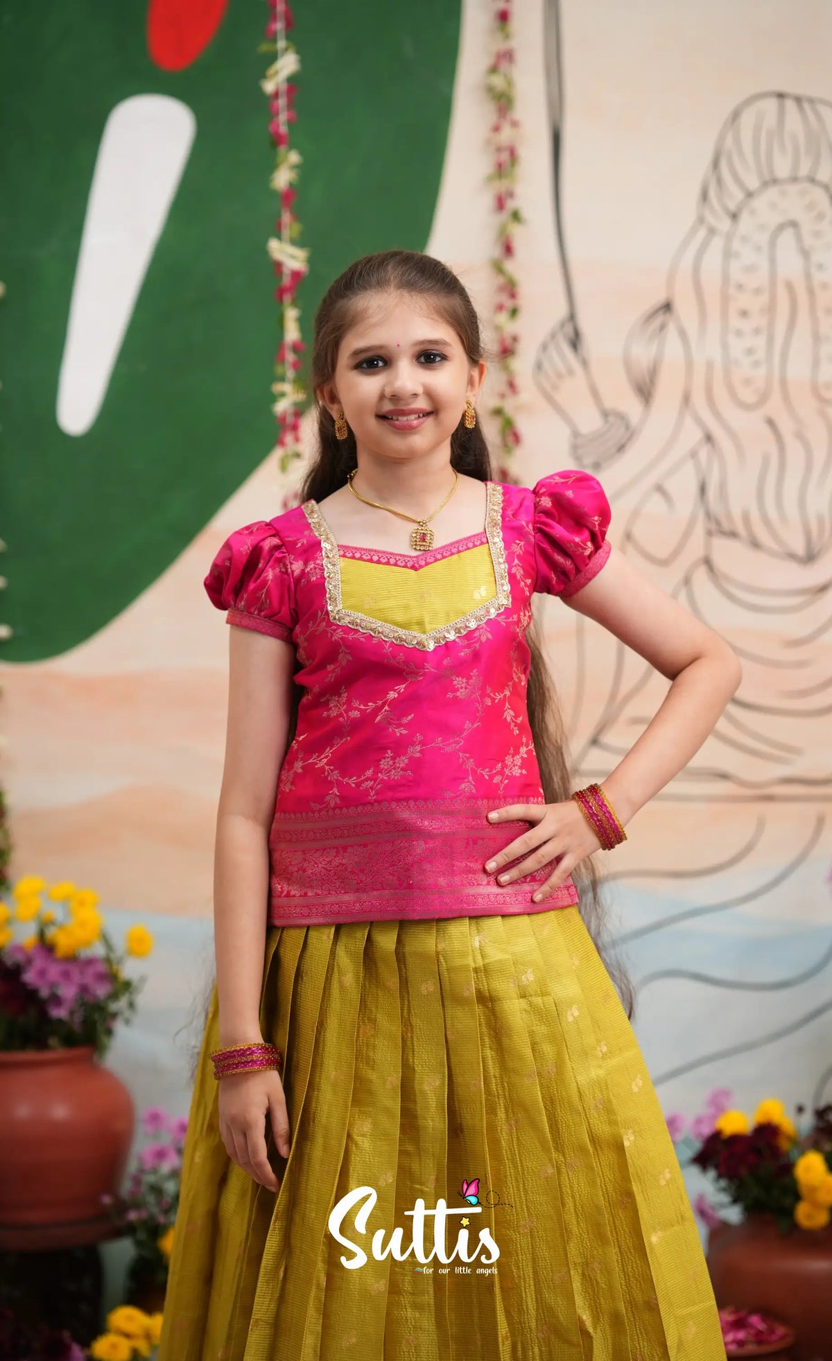Organza Pavadai Sattai - Henna Yellow and Rani Pink - Kids-Suttis