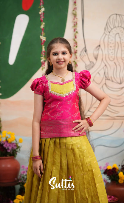 Organza Pavadai Sattai - Henna Yellow and Rani Pink - Kids-Suttis