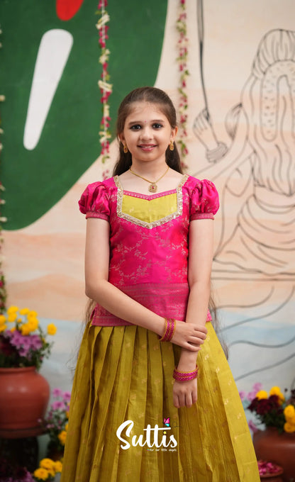 Organza Pavadai Sattai - Henna Yellow and Rani Pink - Kids-Suttis