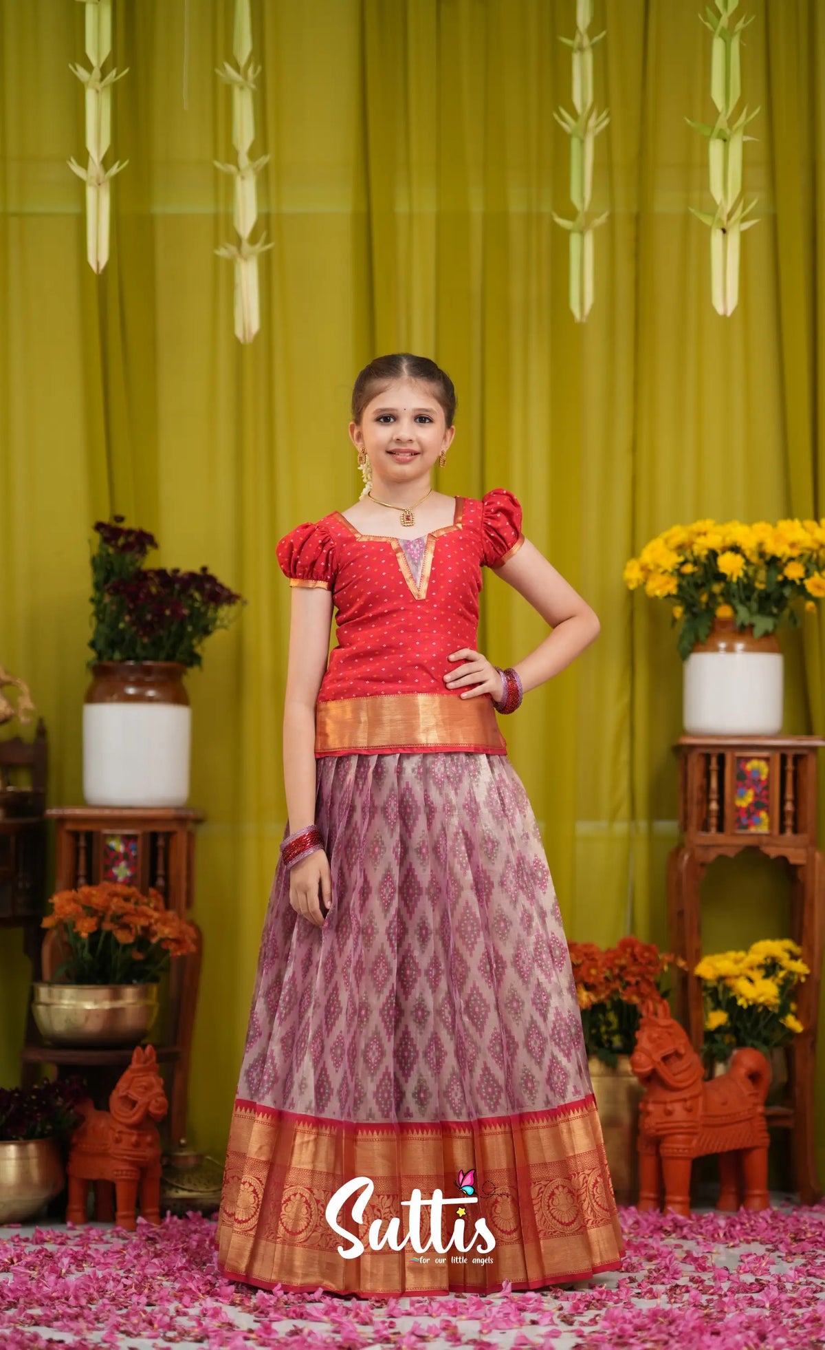 Organza Pavadai Sattai - Lavender and Bright red - Kids-Suttis