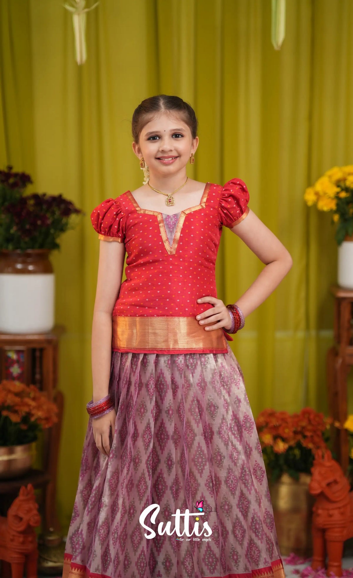 Organza Pavadai Sattai - Lavender and Bright red - Kids-Suttis