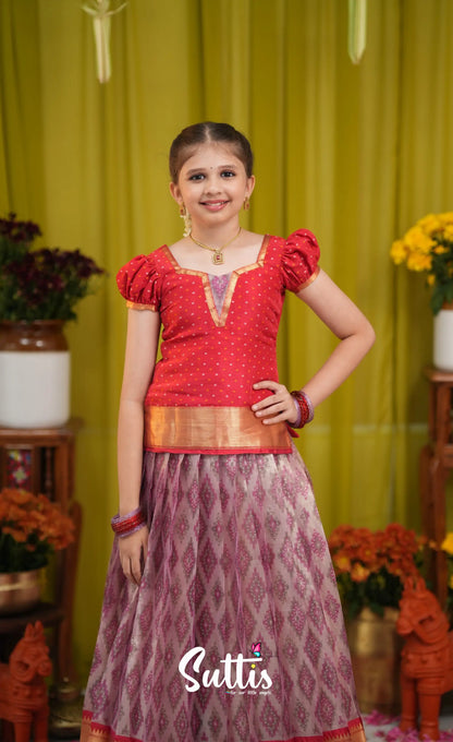 Organza Pavadai Sattai - Lavender and Bright red - Kids-Suttis