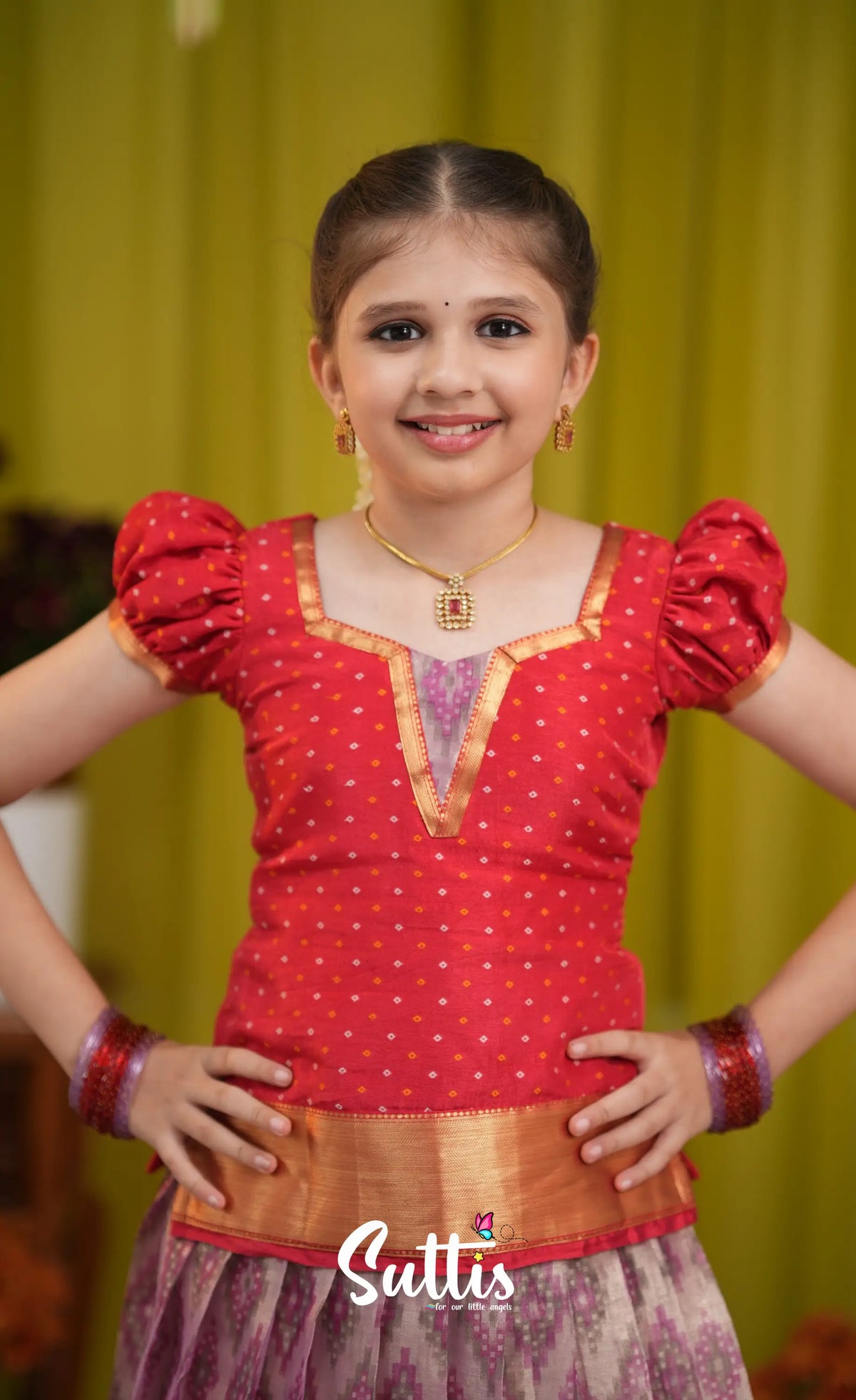 Organza Pavadai Sattai - Lavender and Bright red - Kids-Suttis