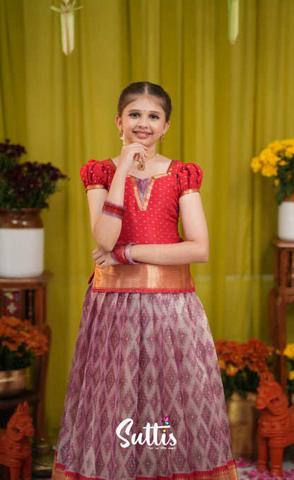 Organza Pavadai Sattai - Lavender and Bright red - Kids-Suttis