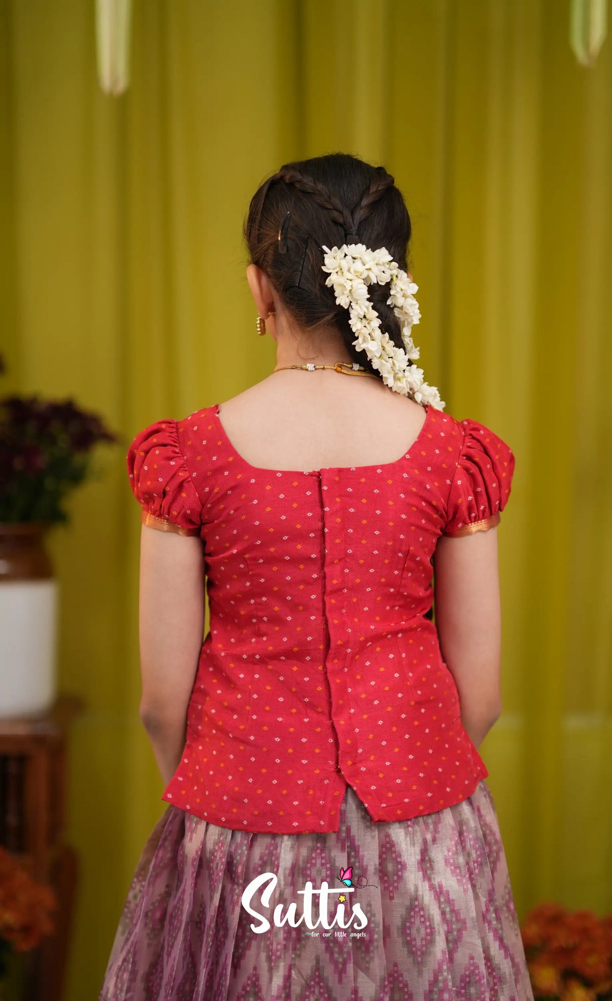 Organza Pavadai Sattai - Lavender and Bright red - Kids-Suttis