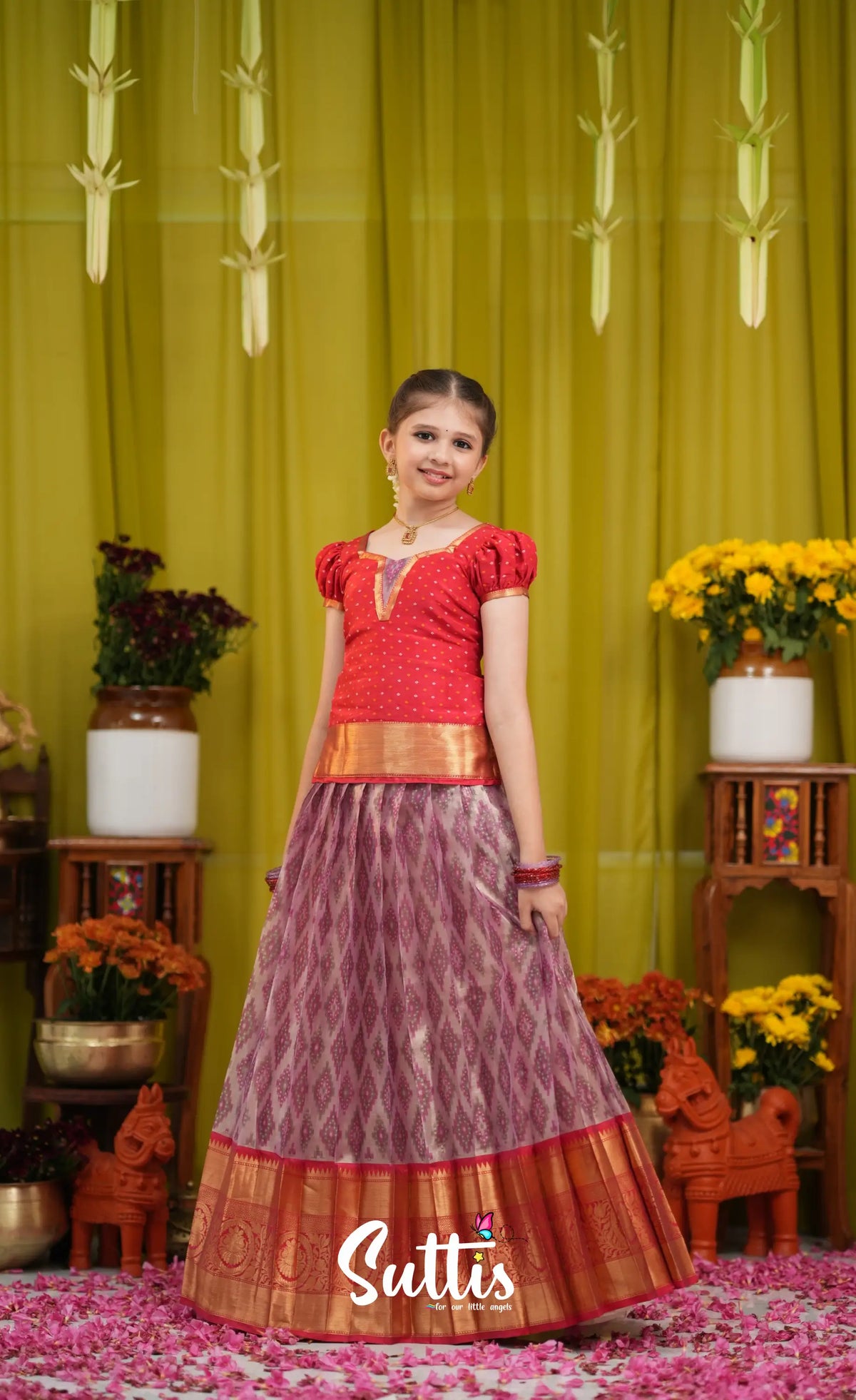 Organza Pavadai Sattai - Lavender and Bright red - Kids-Suttis