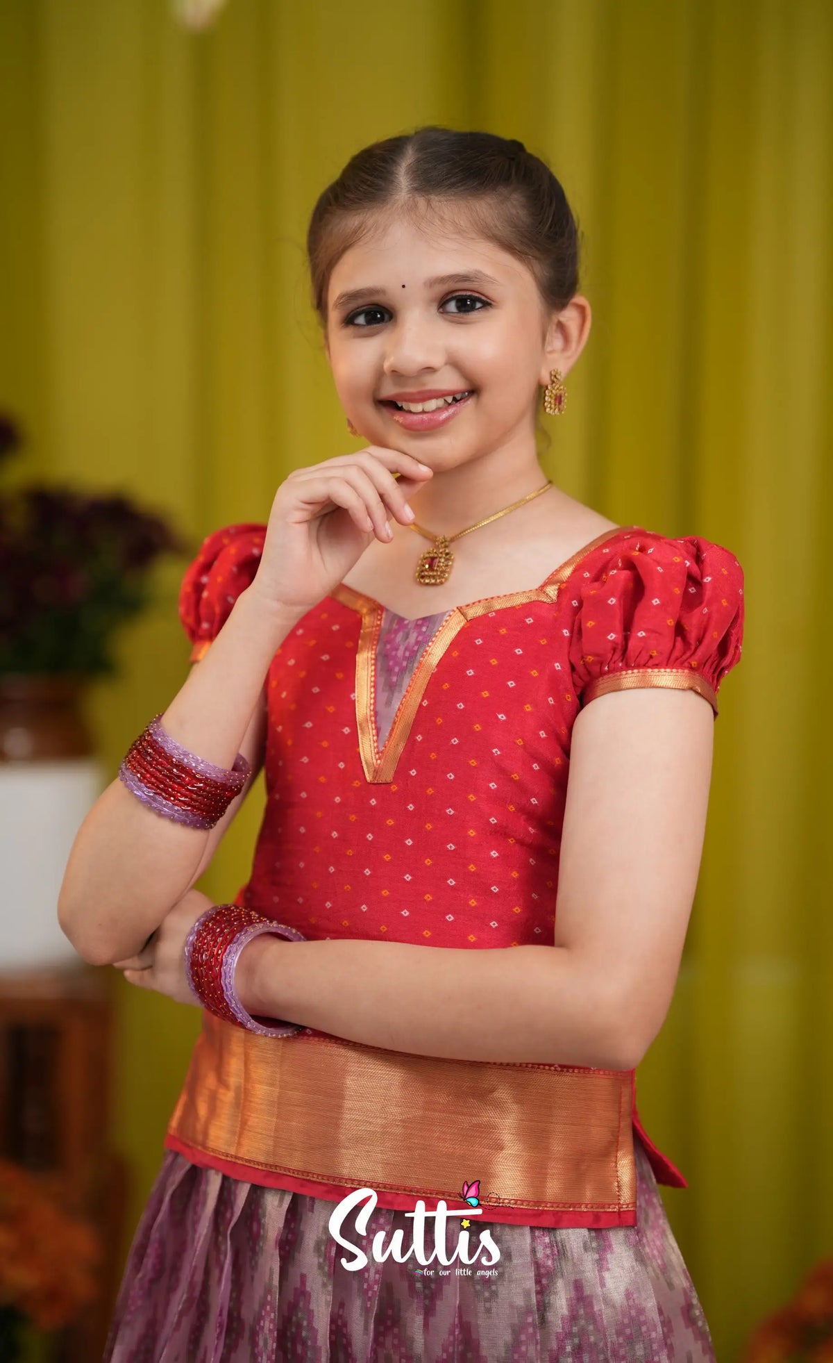 Organza Pavadai Sattai - Lavender and Bright red - Kids-Suttis