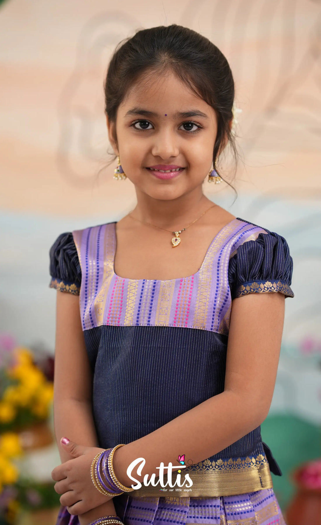 Organza Pavadai Sattai - Lavender and Navy Blue - Kids-Suttis