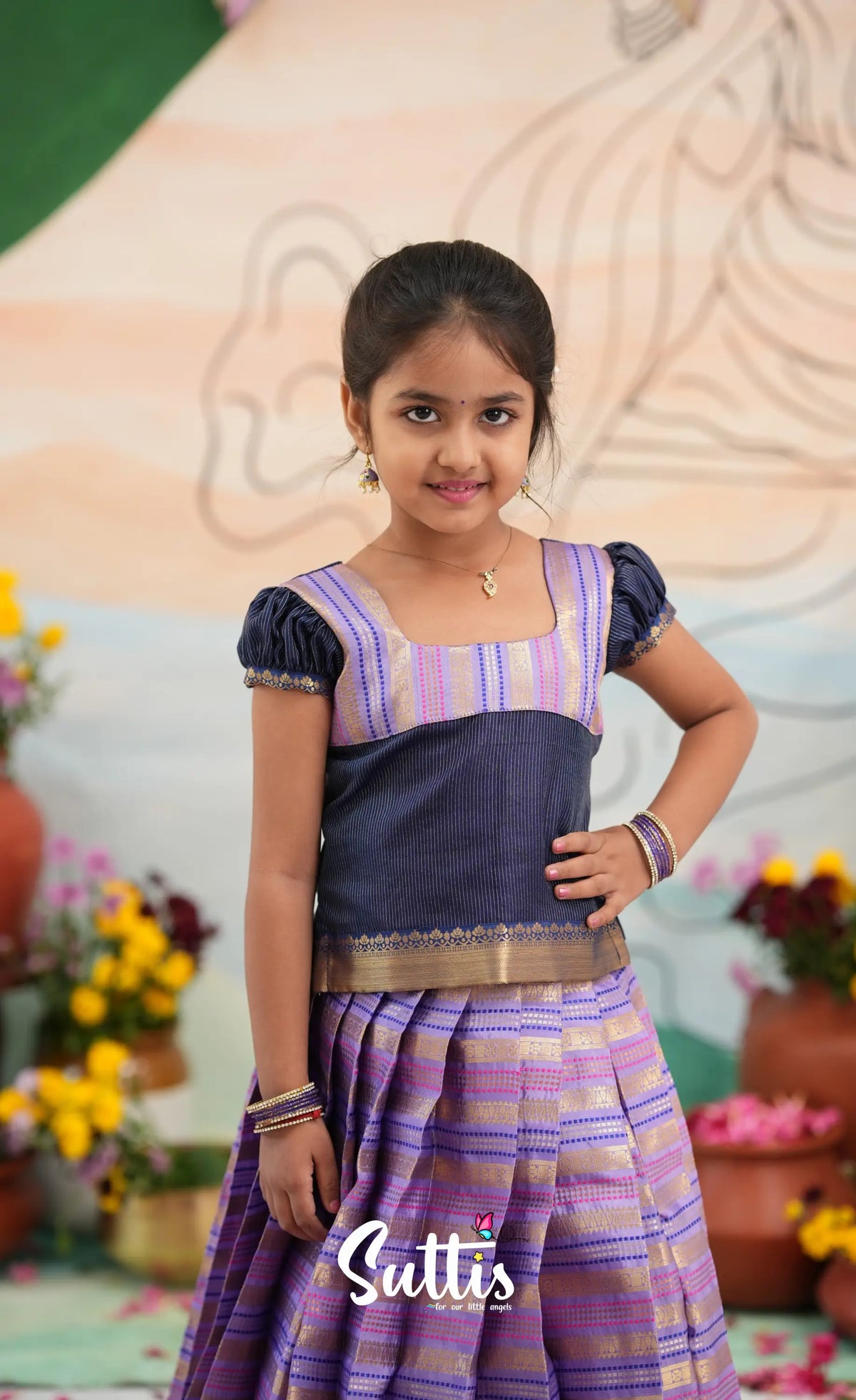 Organza Pavadai Sattai - Lavender and Navy Blue - Kids-Suttis