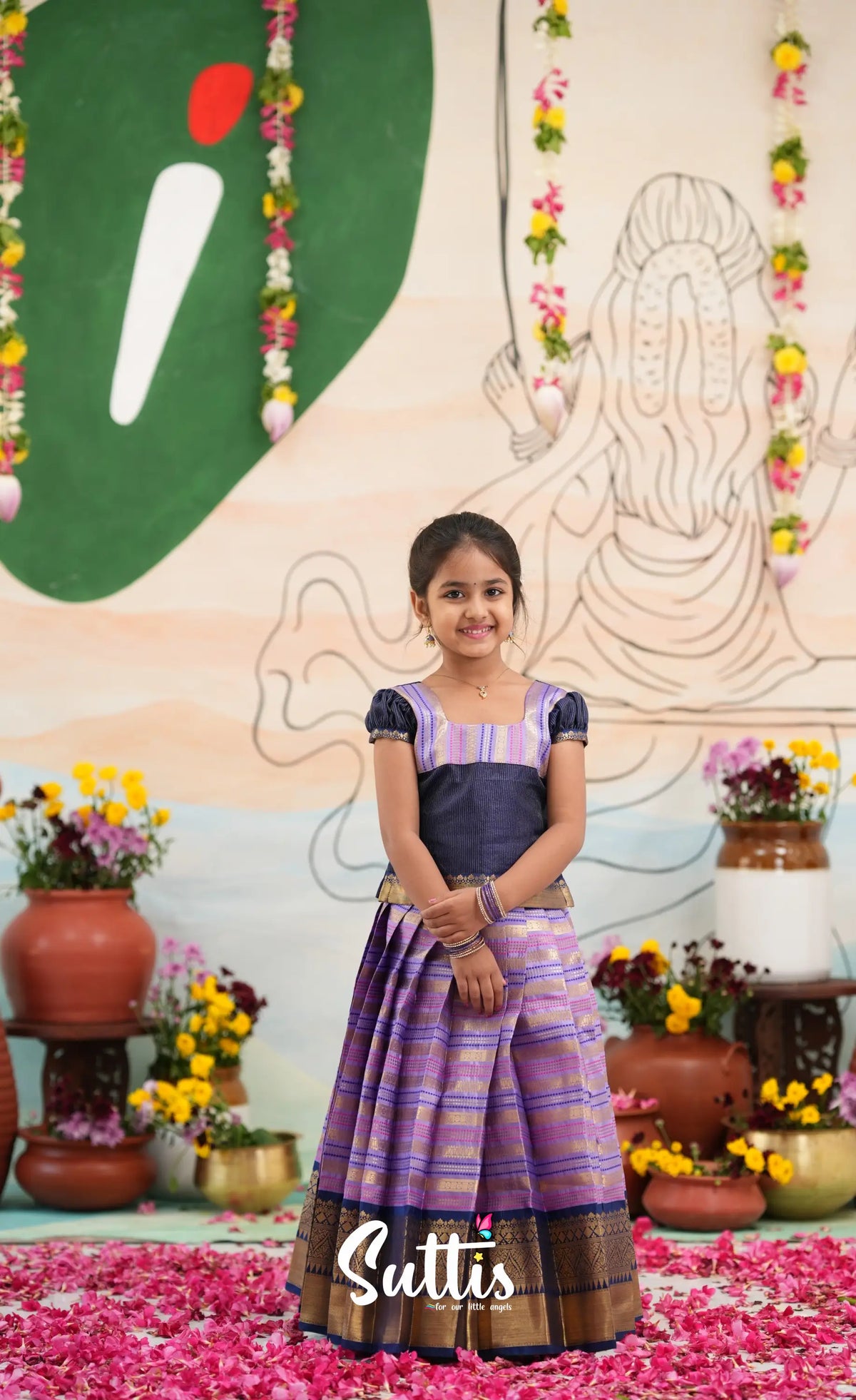 Organza Pavadai Sattai - Lavender and Navy Blue - Kids-Suttis