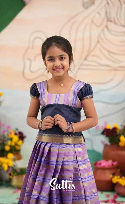 Organza Pavadai Sattai - Lavender and Navy Blue - Kids-Suttis