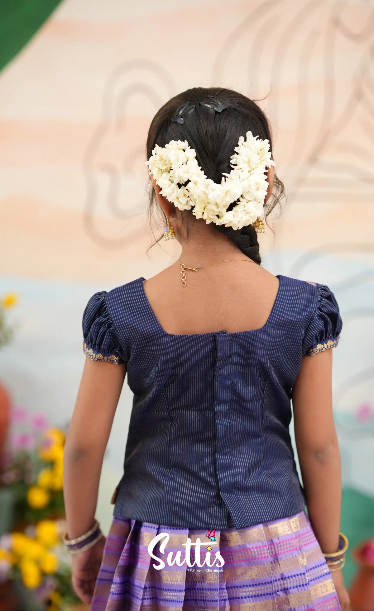 Organza Pavadai Sattai - Lavender and Navy Blue - Kids-Suttis