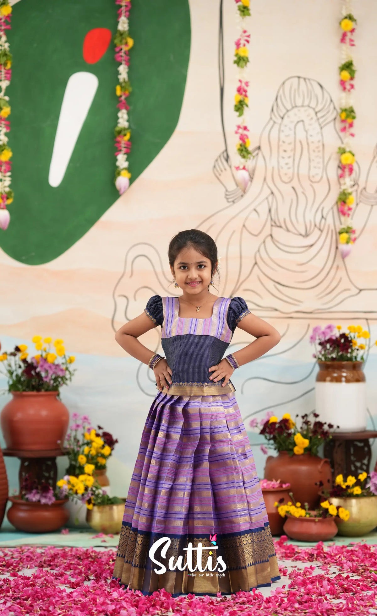 Organza Pavadai Sattai - Lavender and Navy Blue - Kids-Suttis