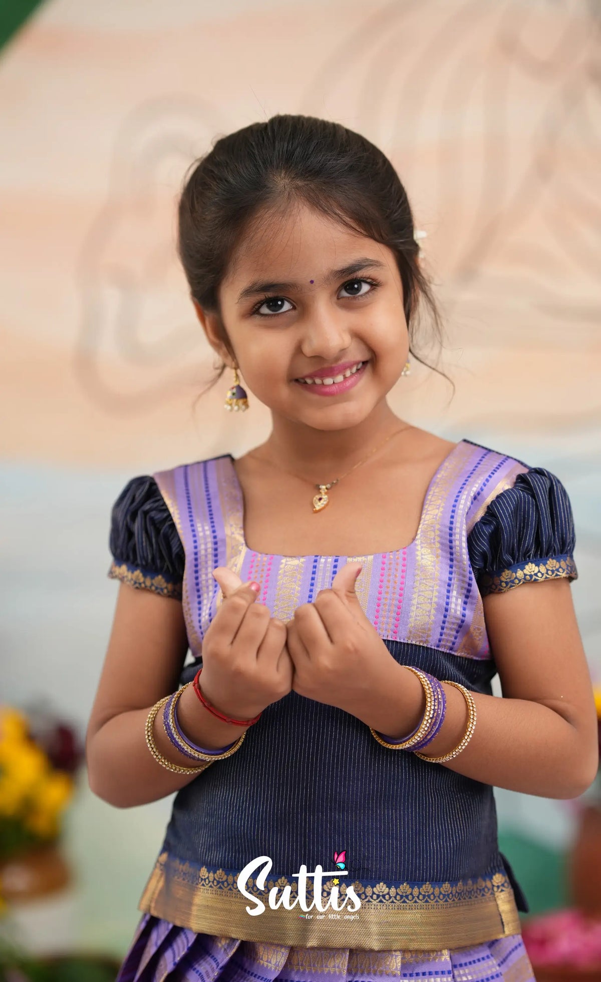 Organza Pavadai Sattai - Lavender and Navy Blue - Kids-Suttis