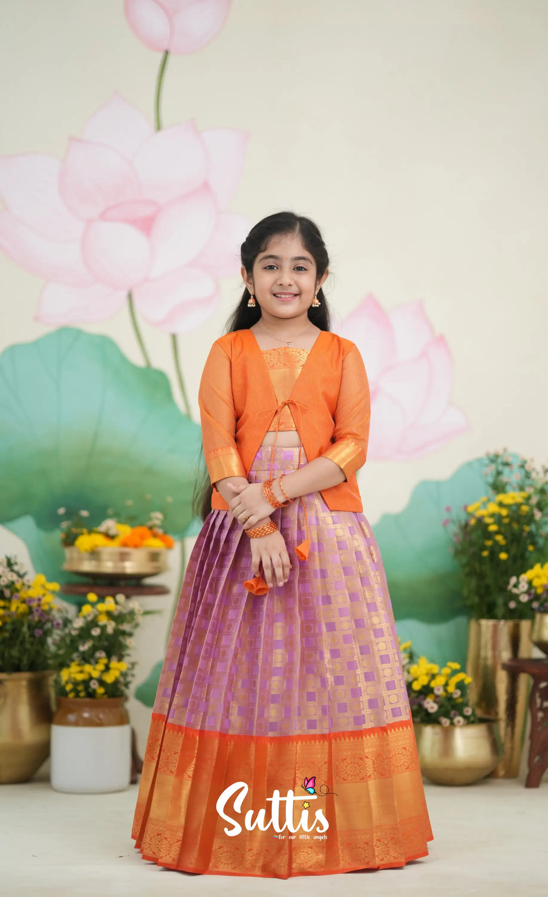 Organza Pavadai Sattai - Lavender and Orange Kids-Suttis
