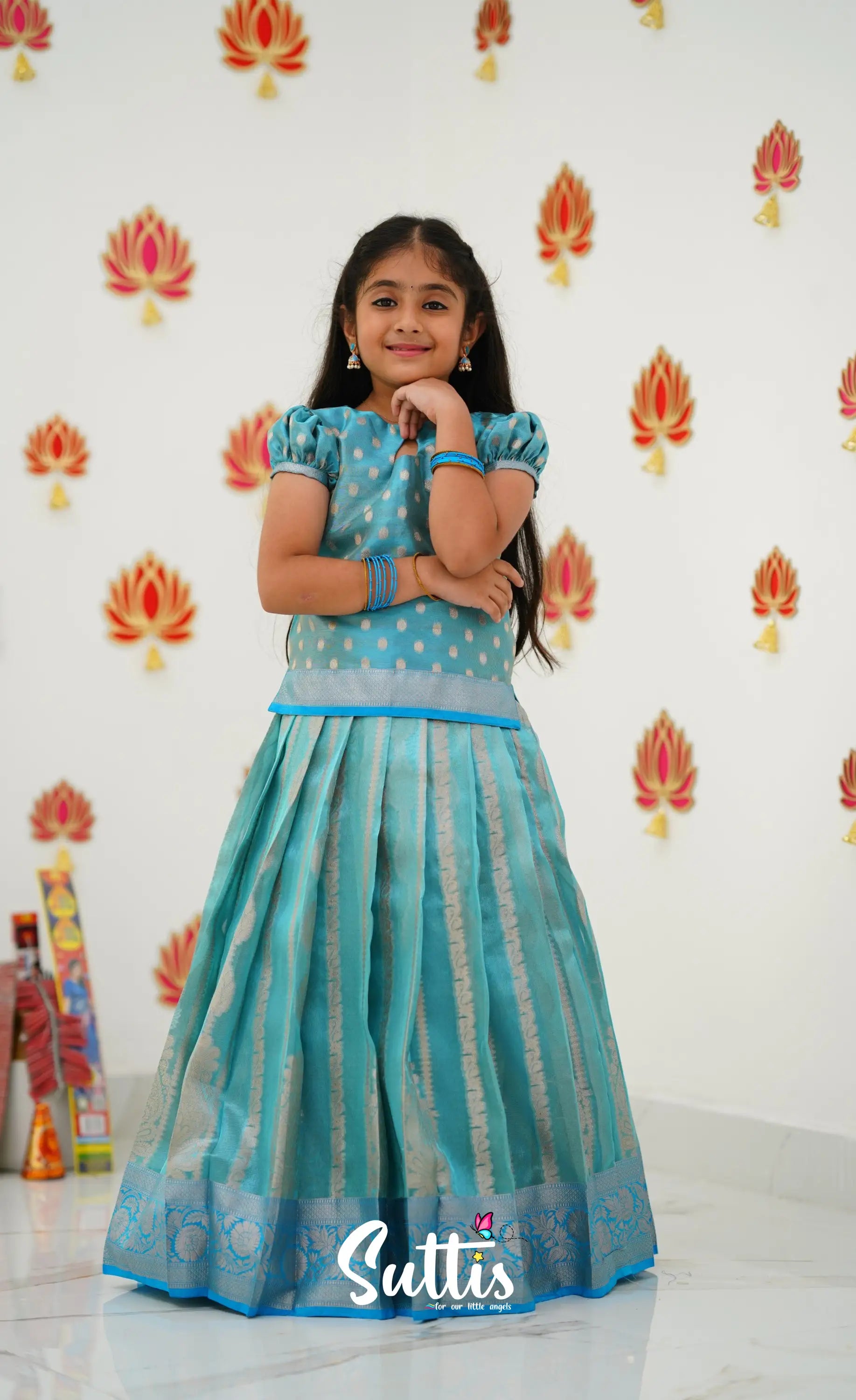 Organza Pavadai Sattai - Light Blue And Sky Kids-Suttis