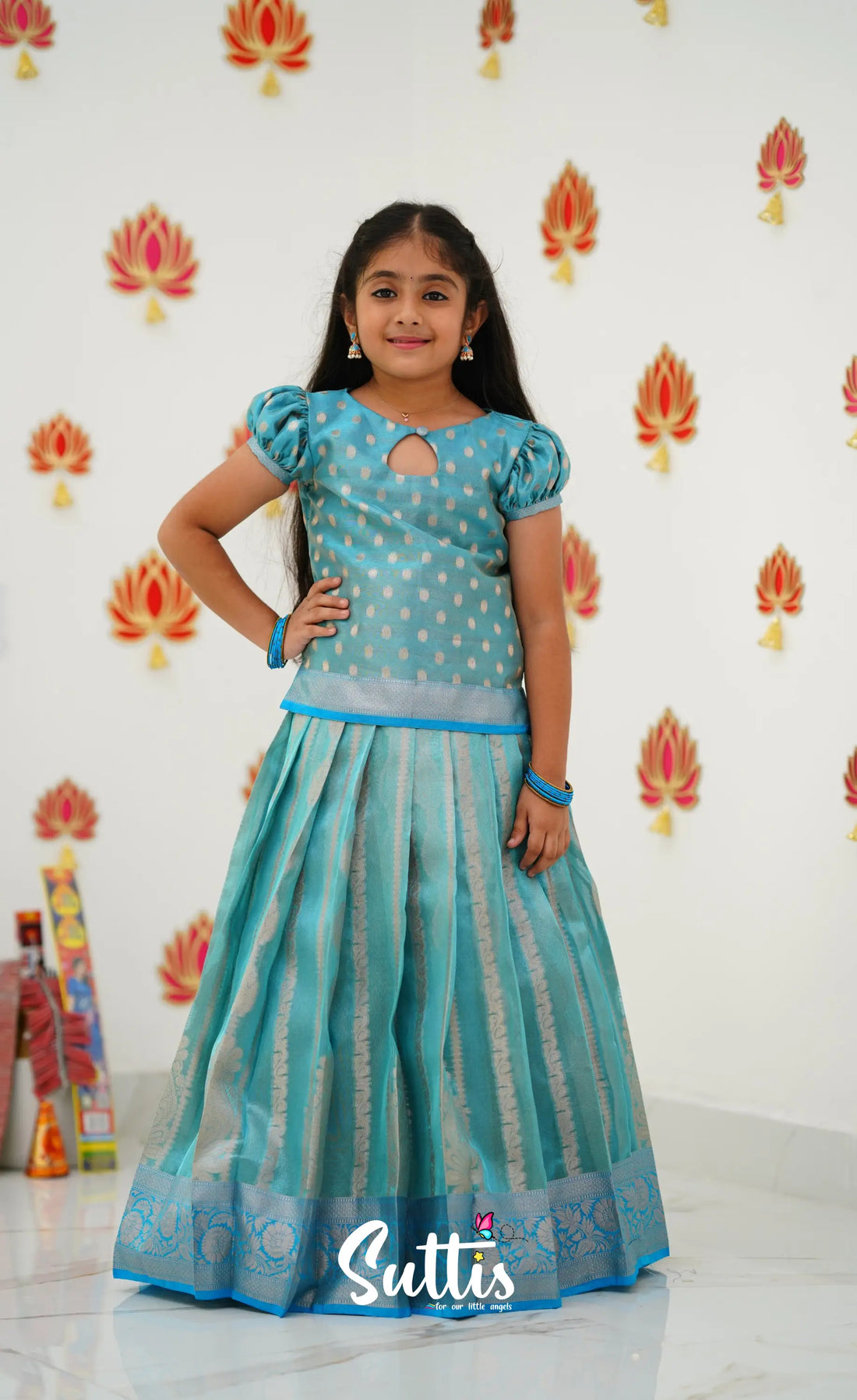 Organza Pavadai Sattai - Light Blue And Sky Kids-Suttis