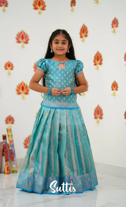 Organza Pavadai Sattai - Light Blue And Sky Kids-Suttis