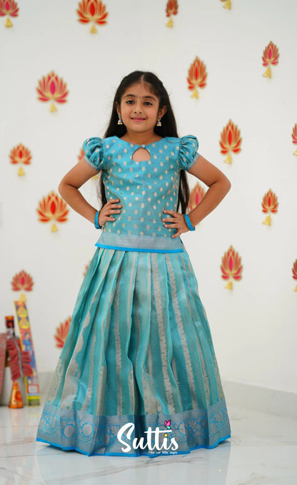 Organza Pavadai Sattai - Light Blue And Sky Kids-Suttis