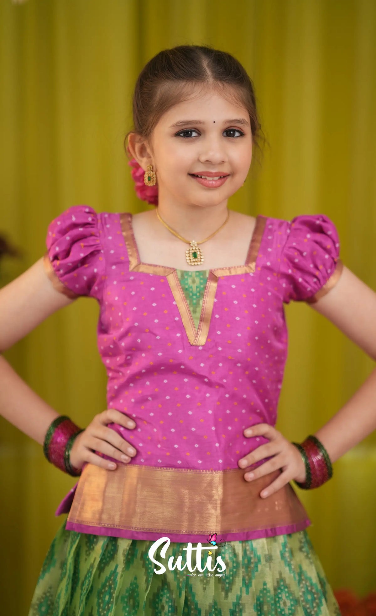 Organza Pavadai Sattai - Light green and Pink - Kids-Suttis
