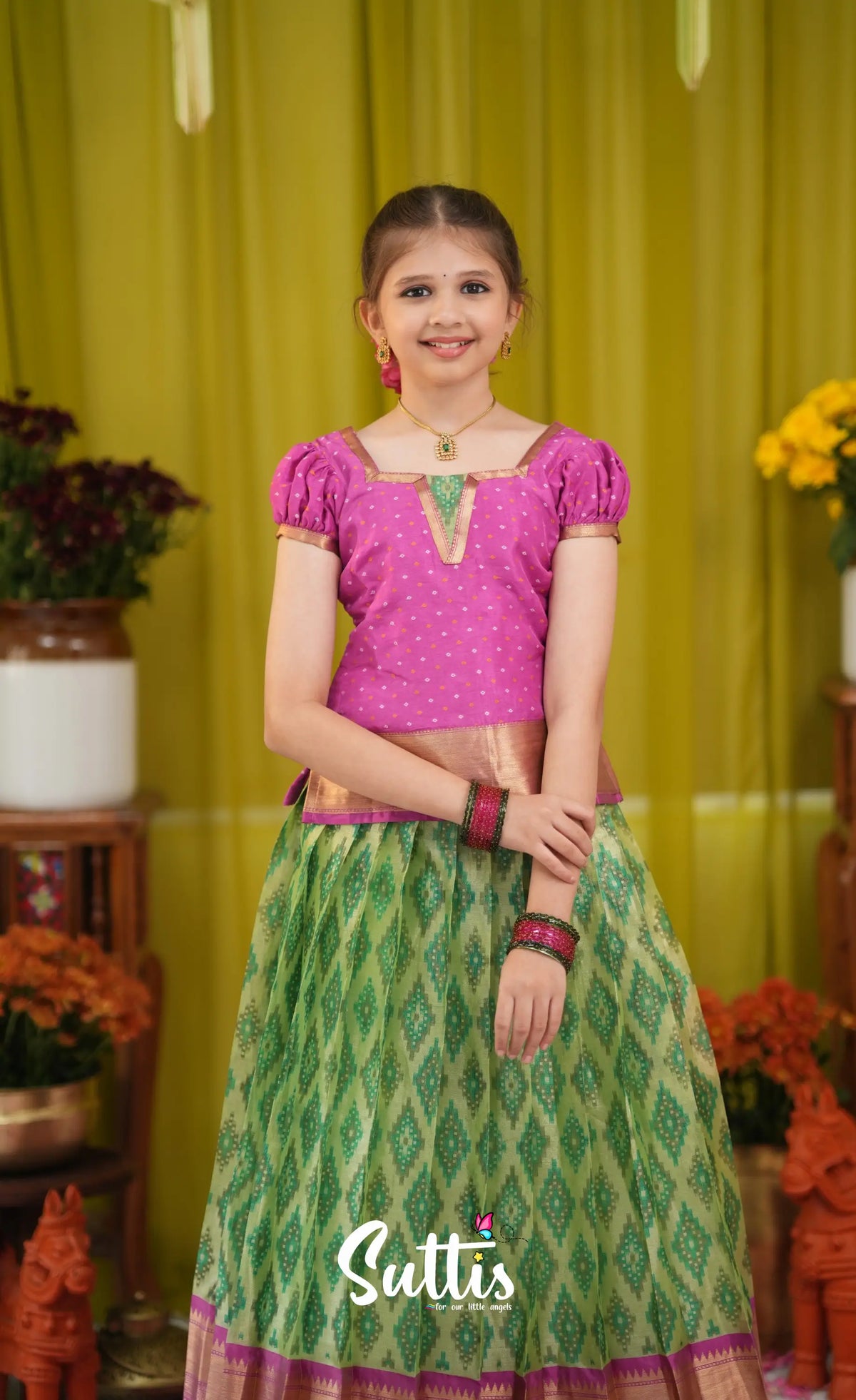 Organza Pavadai Sattai - Light green and Pink - Kids-Suttis