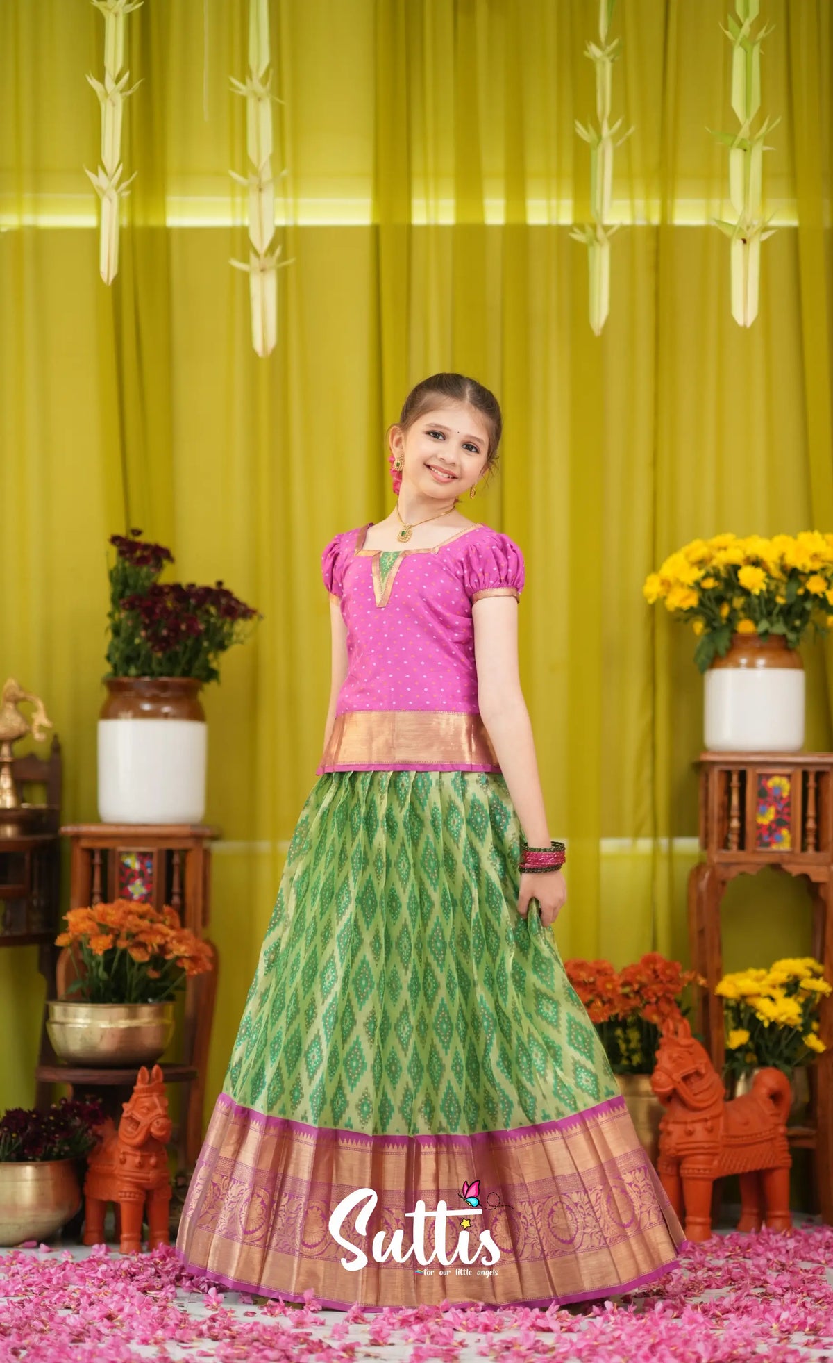 Organza Pavadai Sattai - Light green and Pink - Kids-Suttis