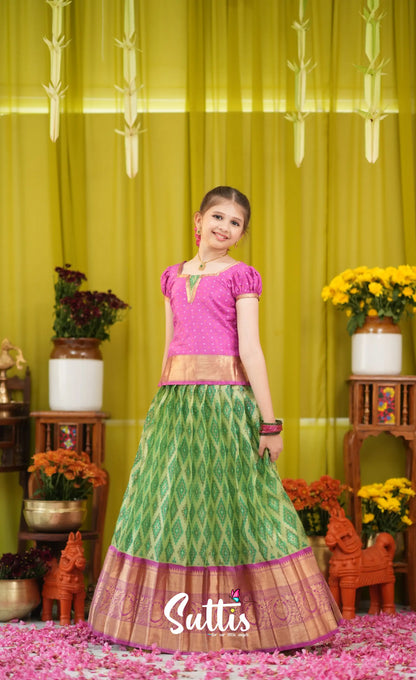 Organza Pavadai Sattai - Light green and Pink - Kids-Suttis