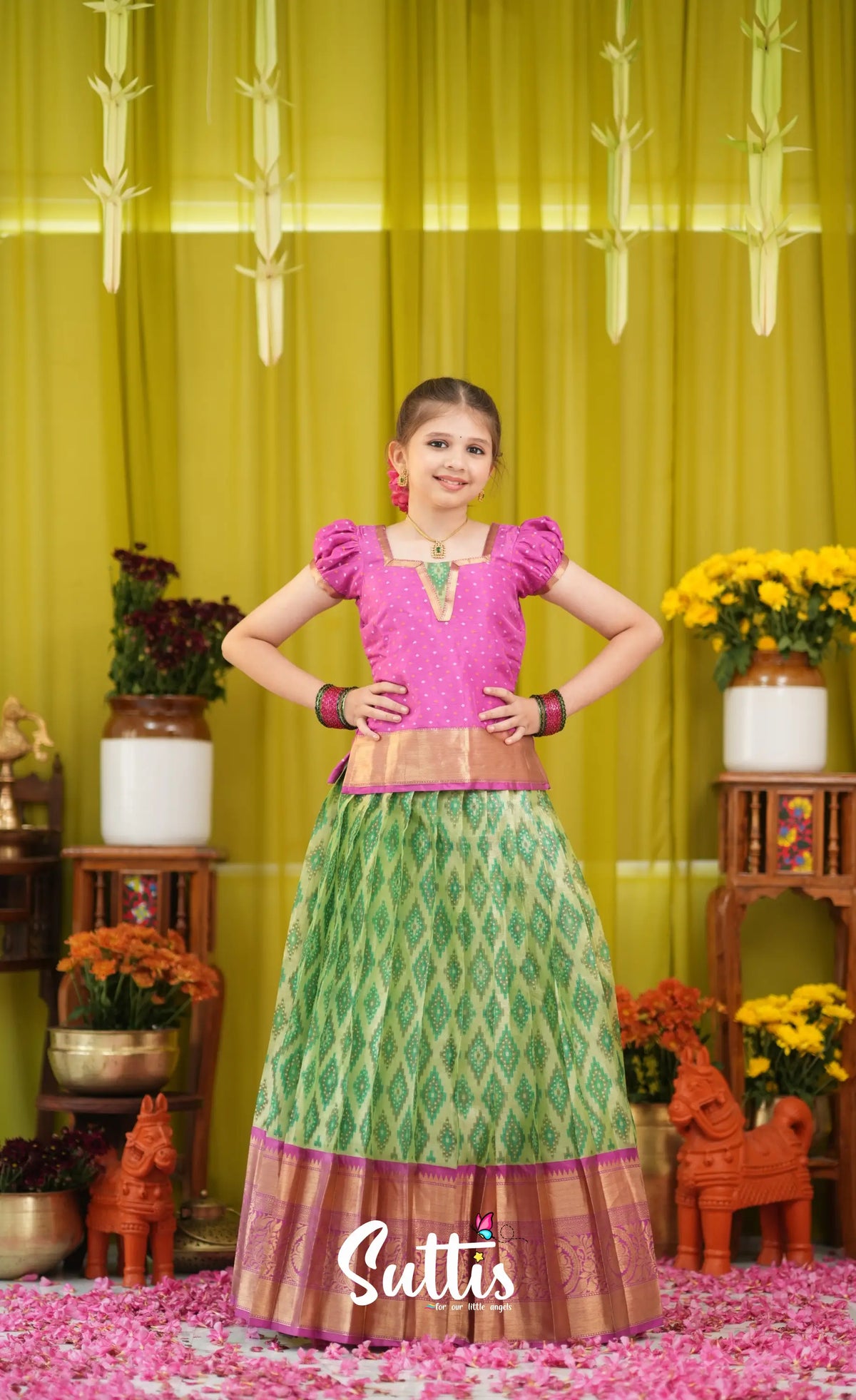 Organza Pavadai Sattai - Light green and Pink - Kids-Suttis