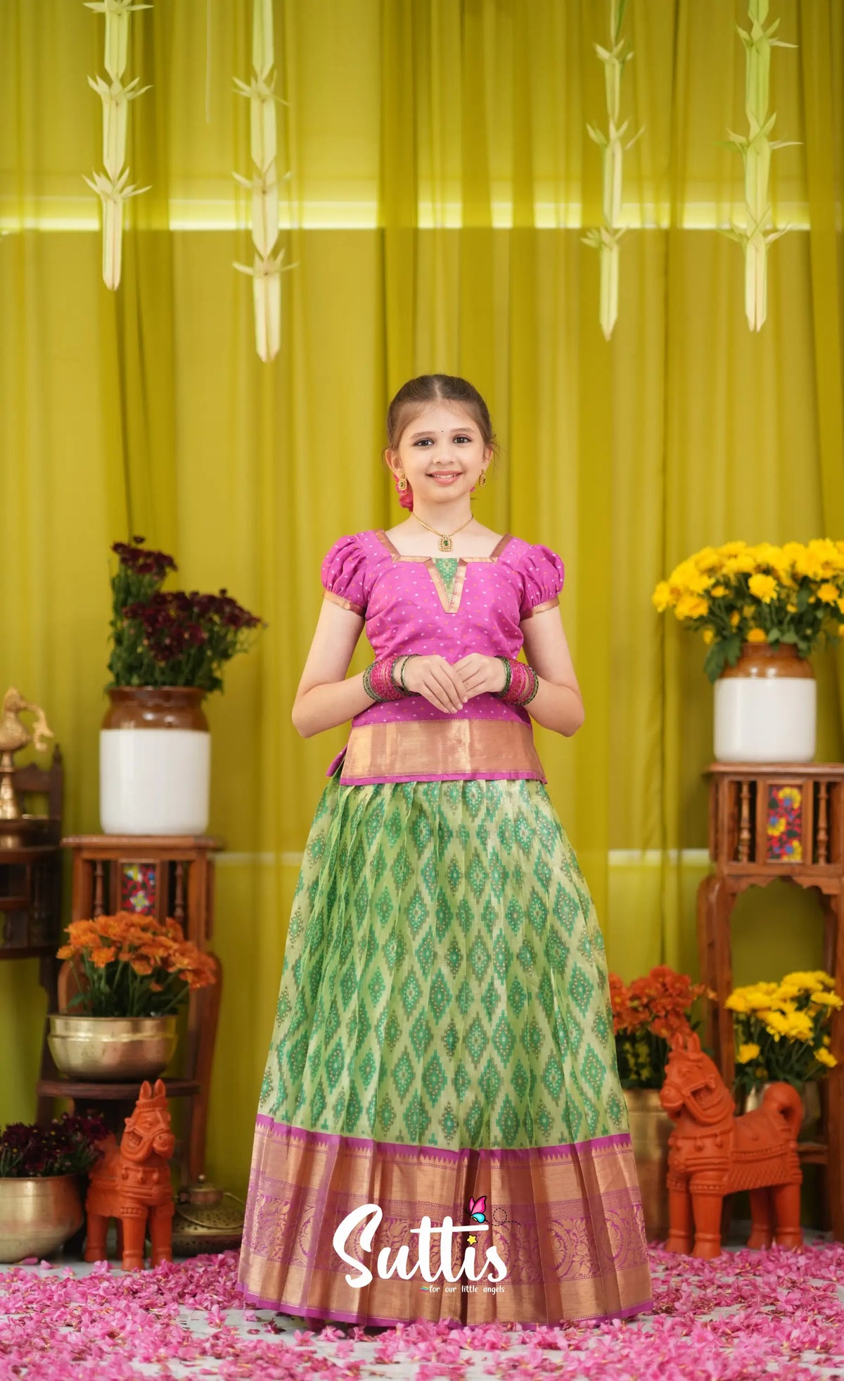 Organza Pavadai Sattai - Light green and Pink - Kids-Suttis
