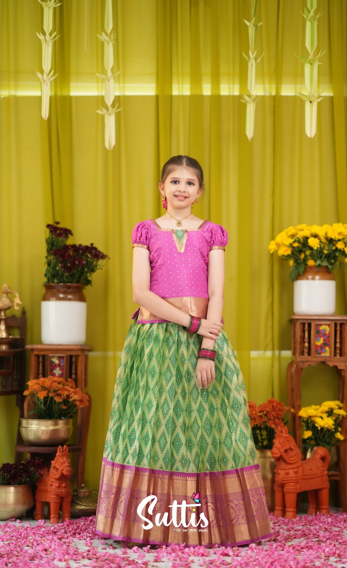 Organza Pavadai Sattai - Light green and Pink - Kids-Suttis