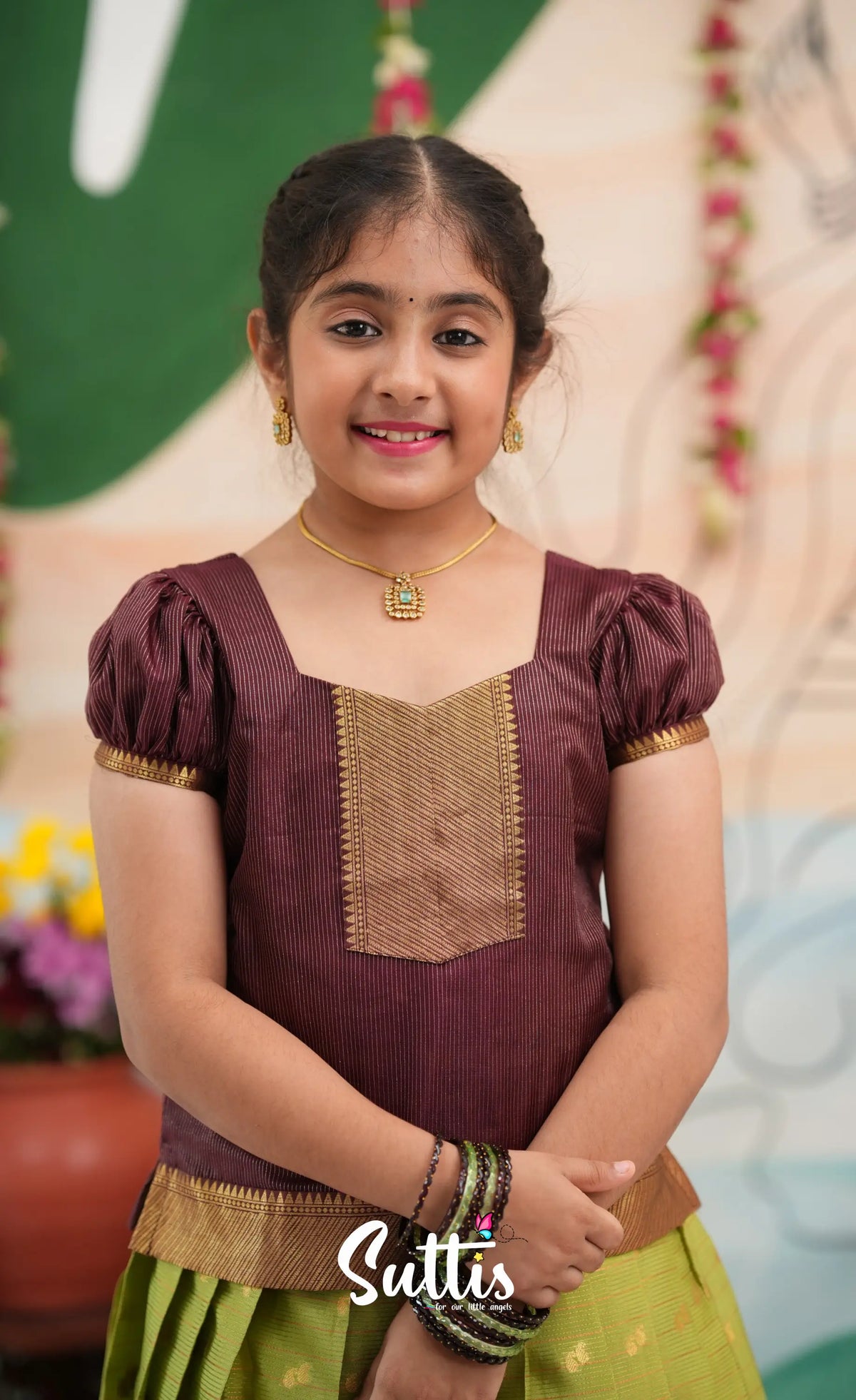 Organza Pavadai Sattai - Light green and Wineish Brown - Kids-Suttis