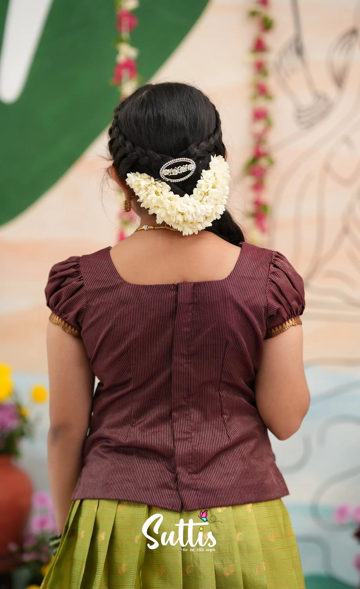Organza Pavadai Sattai - Light green and Wineish Brown - Kids-Suttis