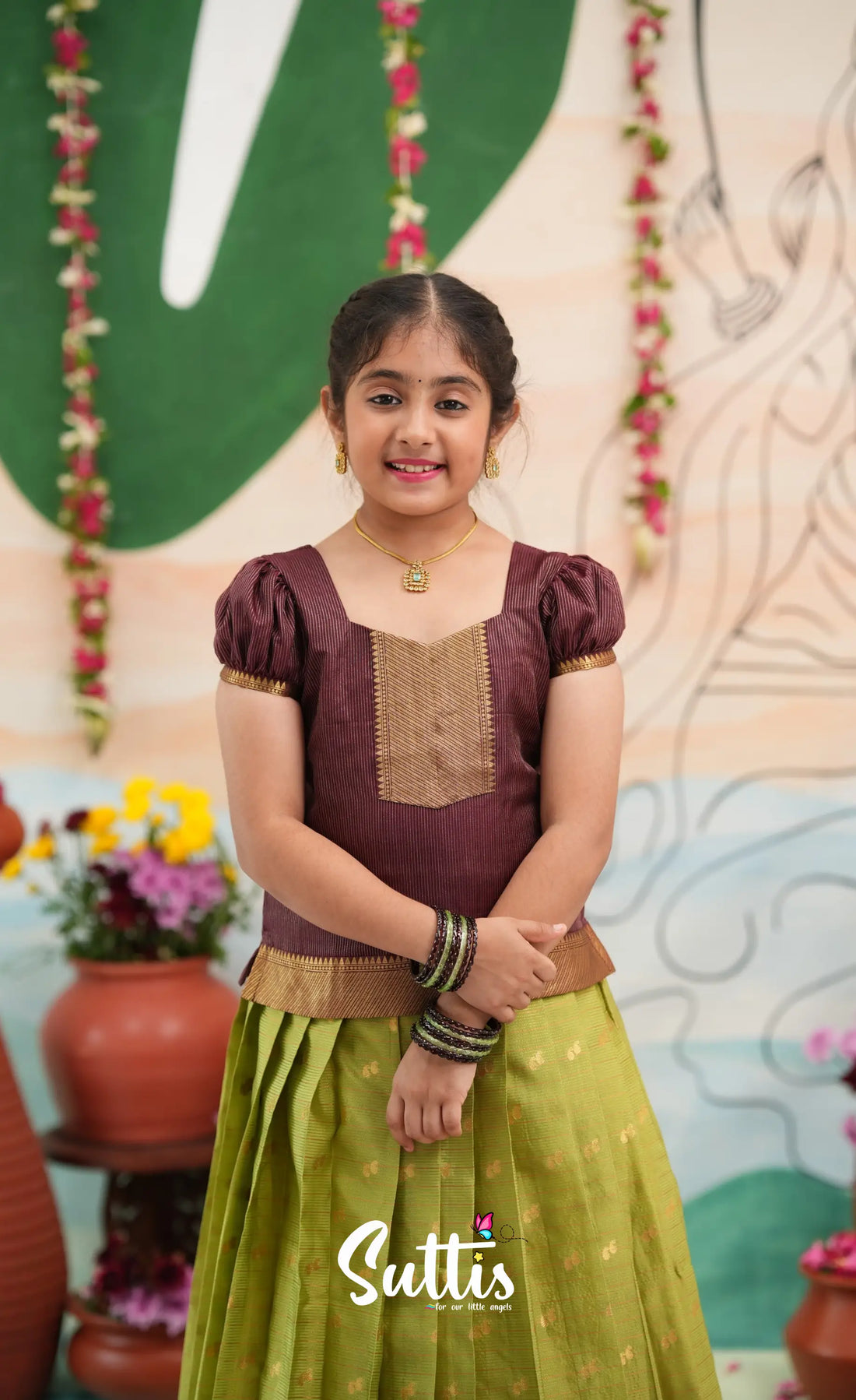Organza Pavadai Sattai - Light green and Wineish Brown - Kids-Suttis