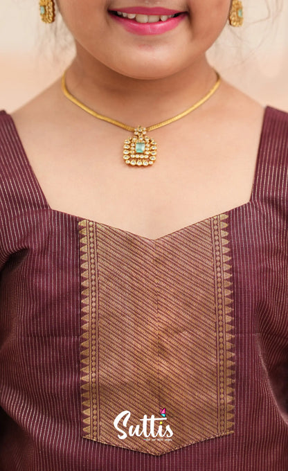 Organza Pavadai Sattai - Light green and Wineish Brown - Kids-Suttis