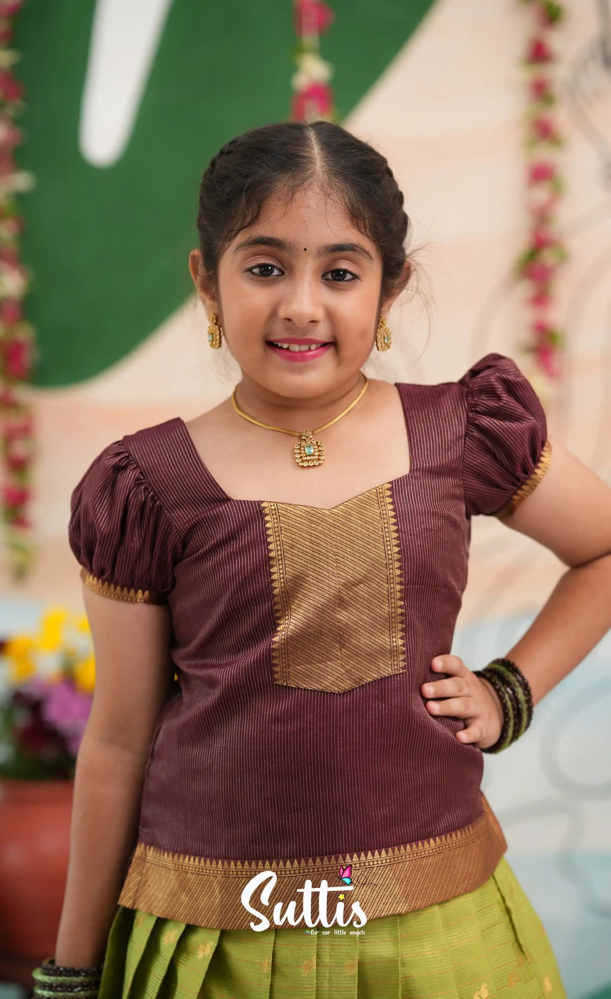 Organza Pavadai Sattai - Light green and Wineish Brown - Kids-Suttis