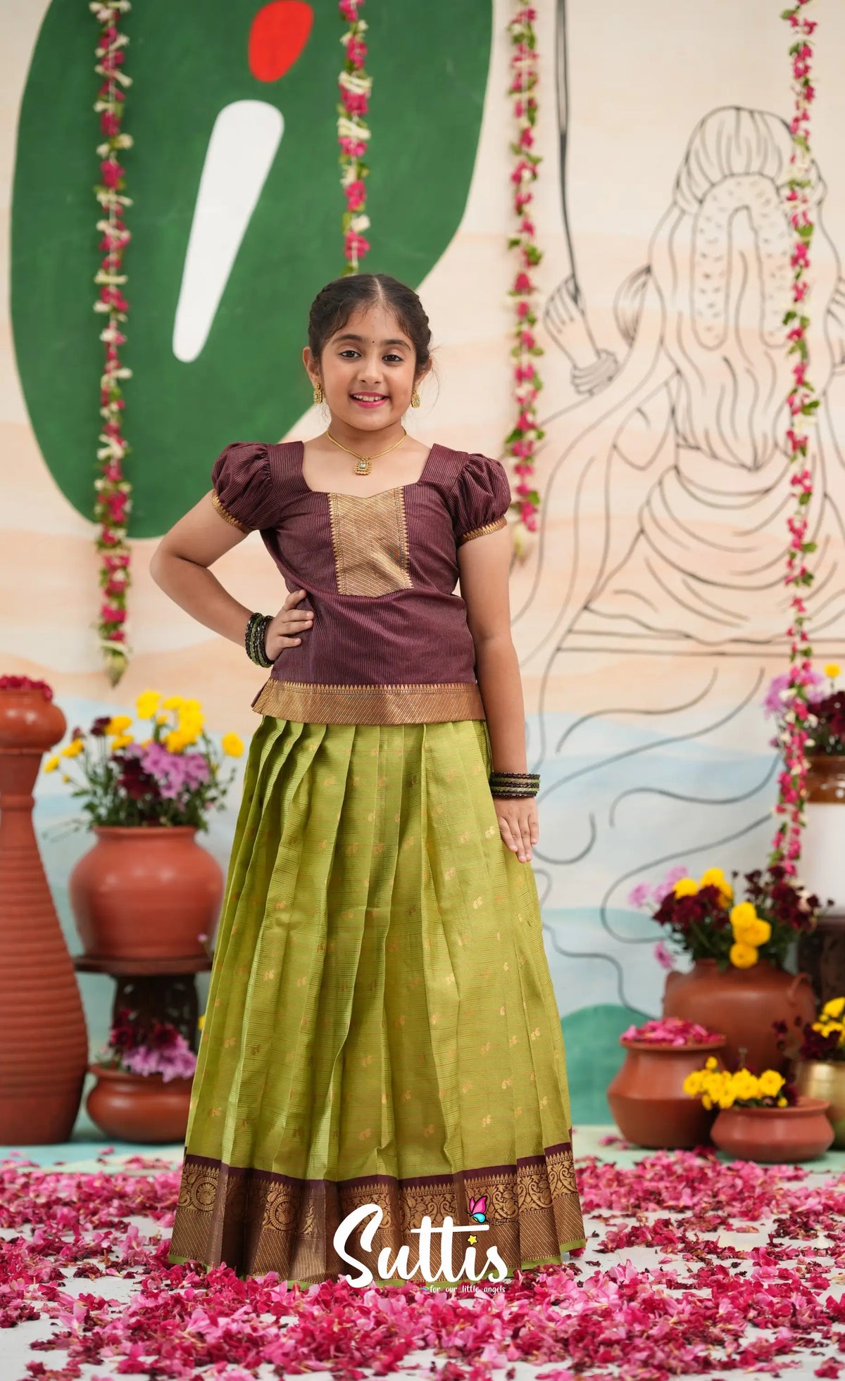 Organza Pavadai Sattai - Light green and Wineish Brown - Kids-Suttis