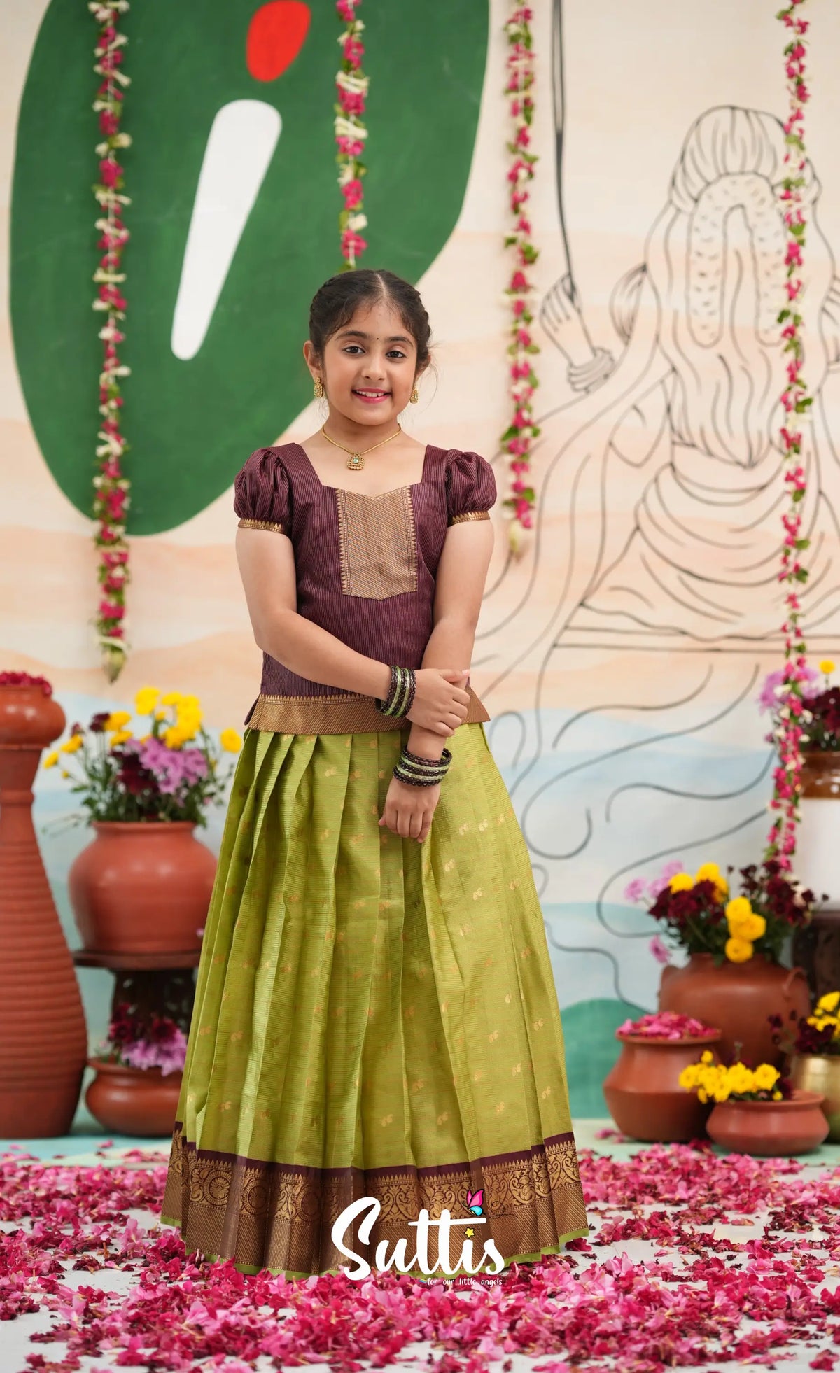 Organza Pavadai Sattai - Light green and Wineish Brown - Kids-Suttis